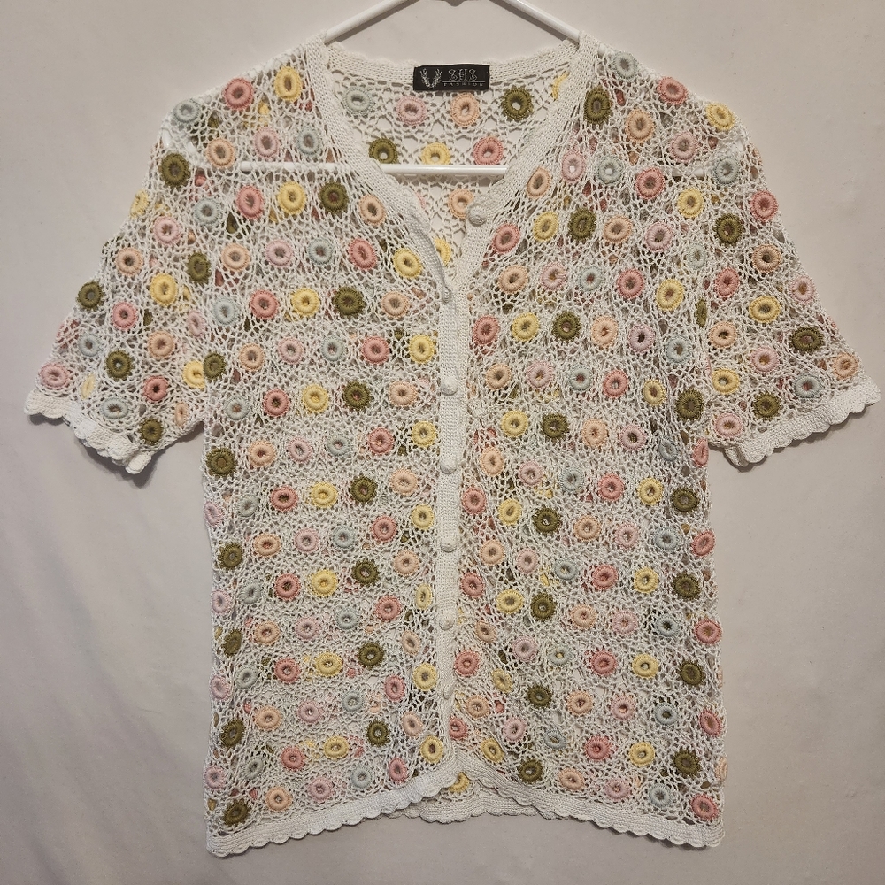 White & Colorful Crochet Button Front Cardigan